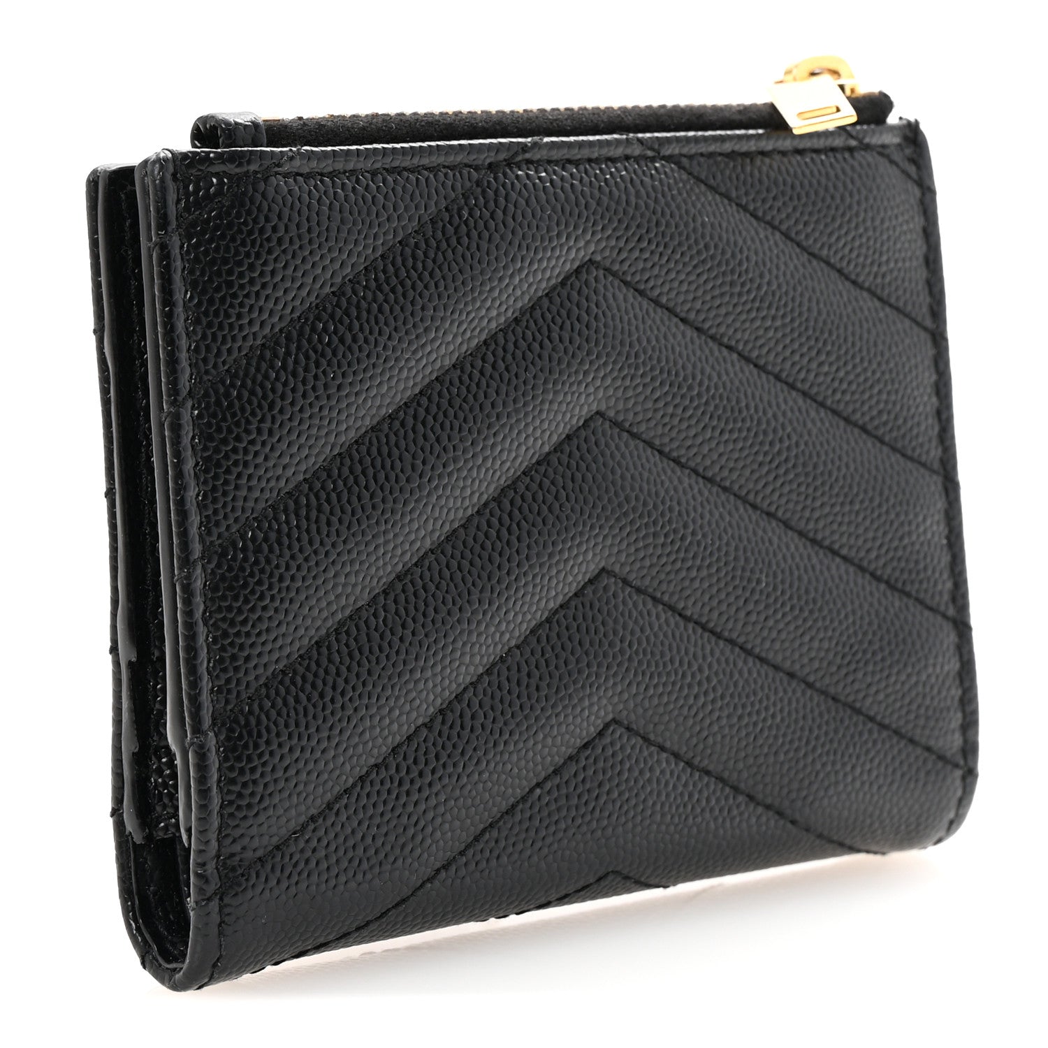 Saint Laurent Grain De Poudre Matelasse Chevron Monogram Zipped Card Case Black 3 of 7