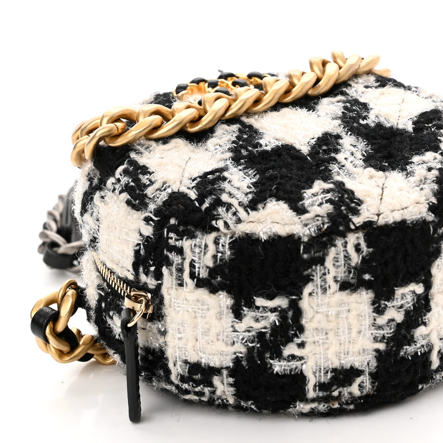 Wool Tweed Lambskin Quilted Chanel 19 Round Clutch With Chain and Coin Purse Black White