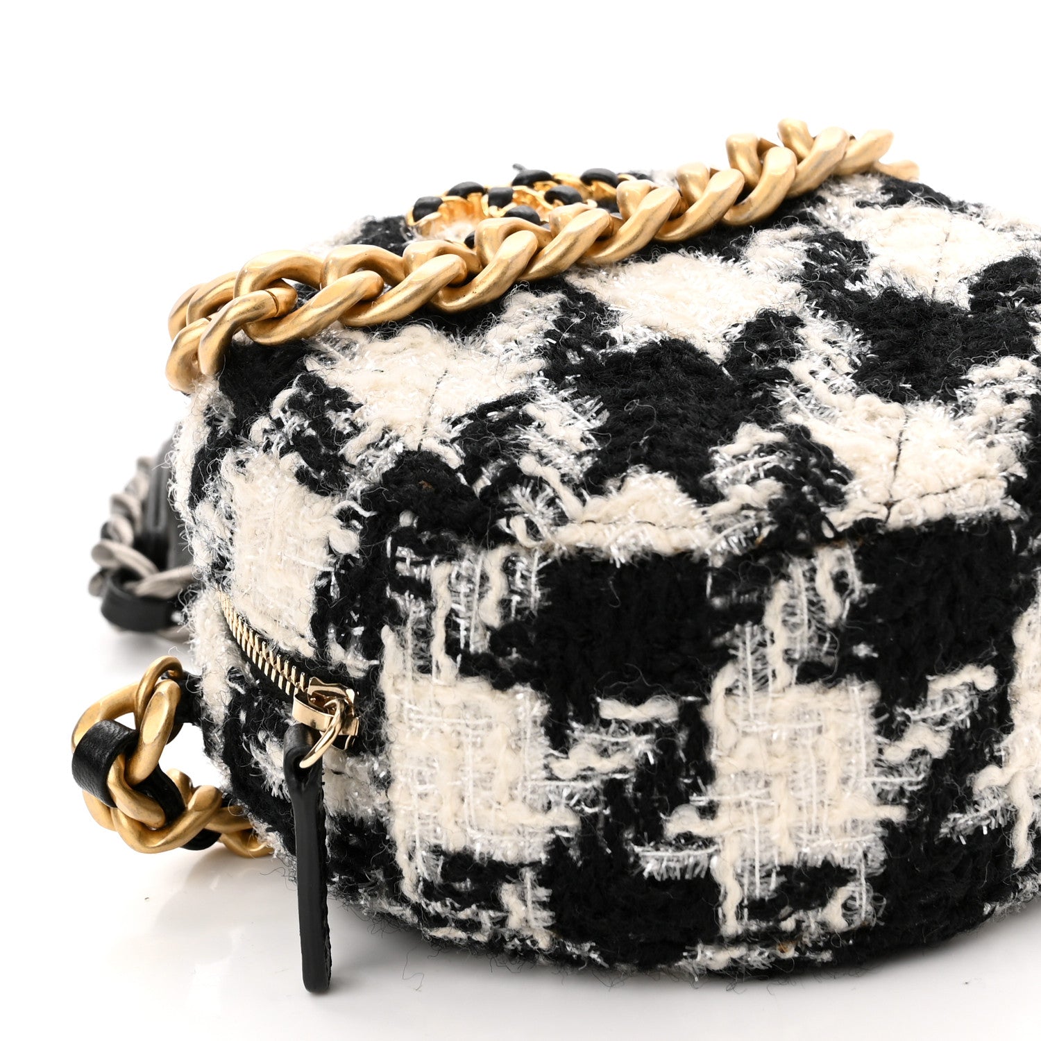 Chanel Wool Tweed Lambskin Quilted Chanel 19 Round Clutch With Chain and Coin Purse Black White 9 of 10