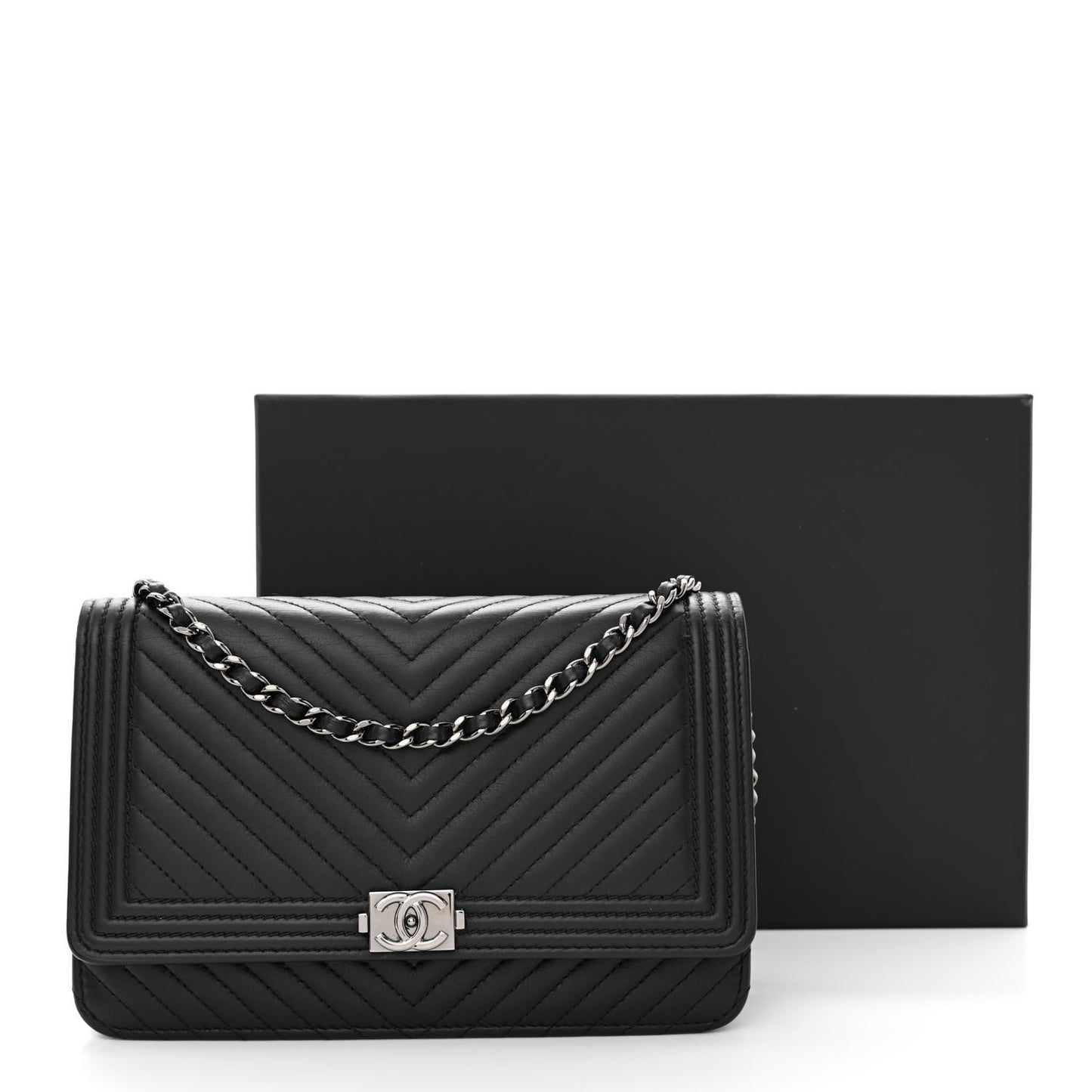 Calfskin Chevron Quilted Boy Wallet On Chain WOC Black