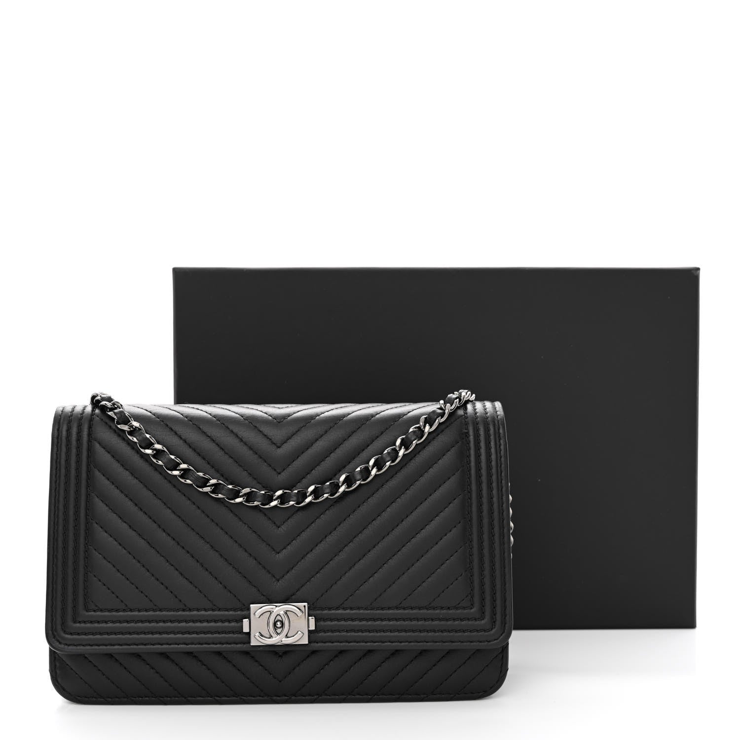 Chanel Calfskin Chevron Quilted Boy Wallet On Chain WOC Black 15 of 15