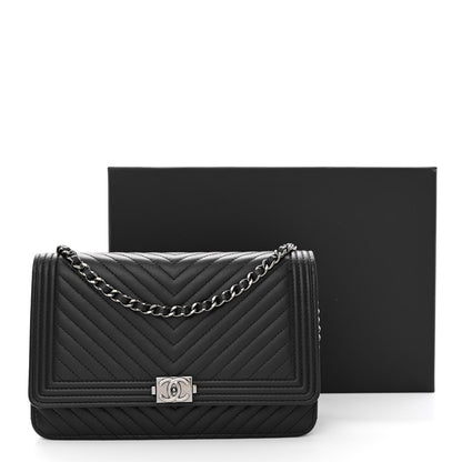 Chanel Calfskin Chevron Quilted Boy Wallet On Chain WOC Black 15 of 15