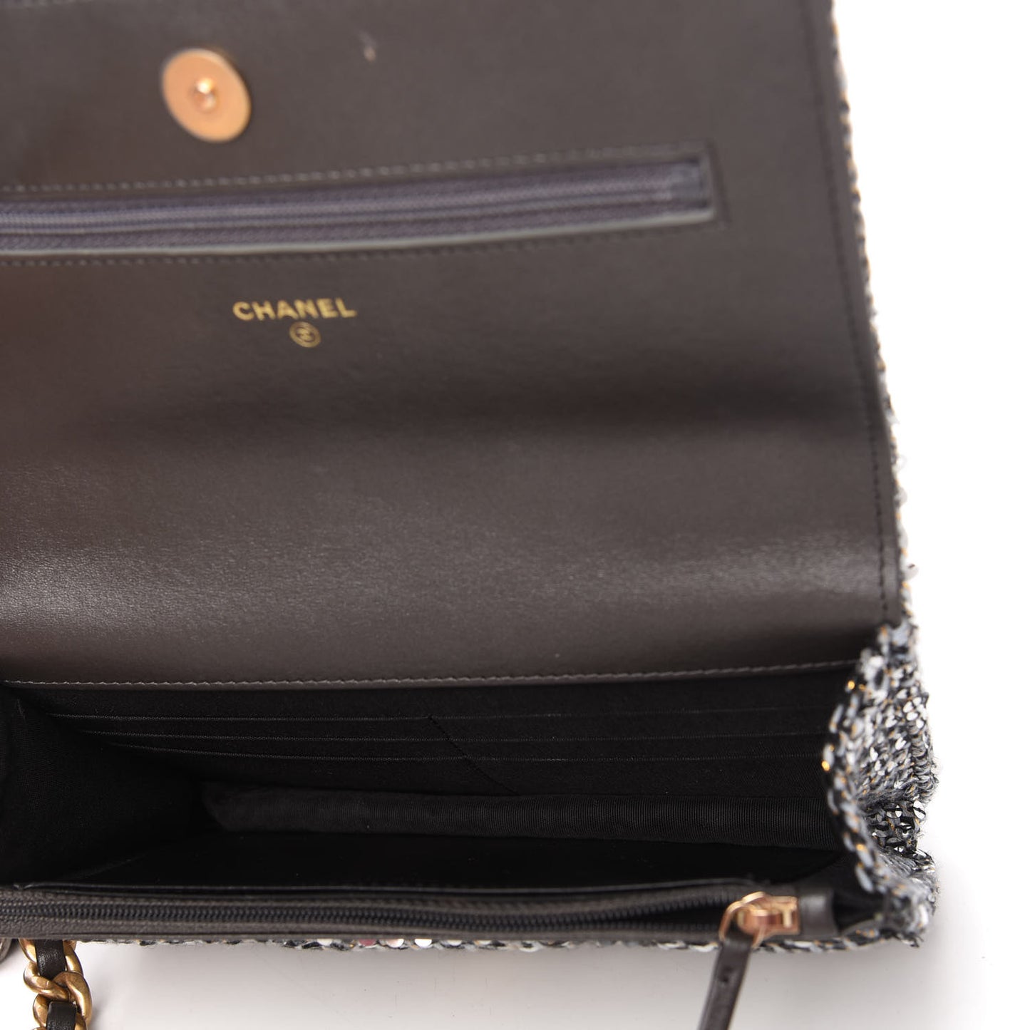 Sequin Quilted Chanel 19 Wallet On Chain WOC Silver