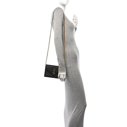 Saint Laurent Grain De Poudre Matelasse Chevron Monogram Envelope Chain Wallet Black 2 of 9
