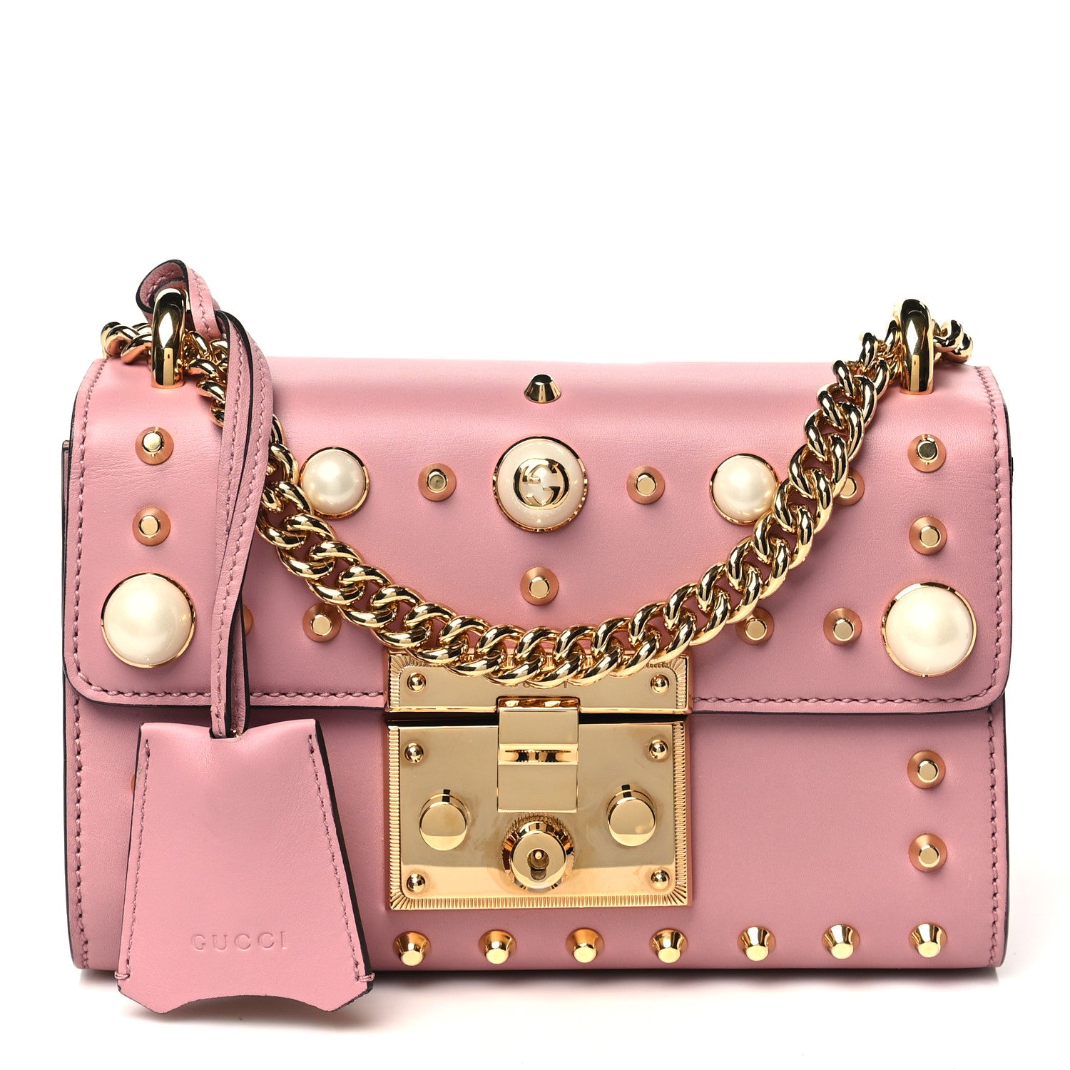 Gucci Calfskin Studded Small Padlock Shoulder Bag Carmine Rose 1 of 13
