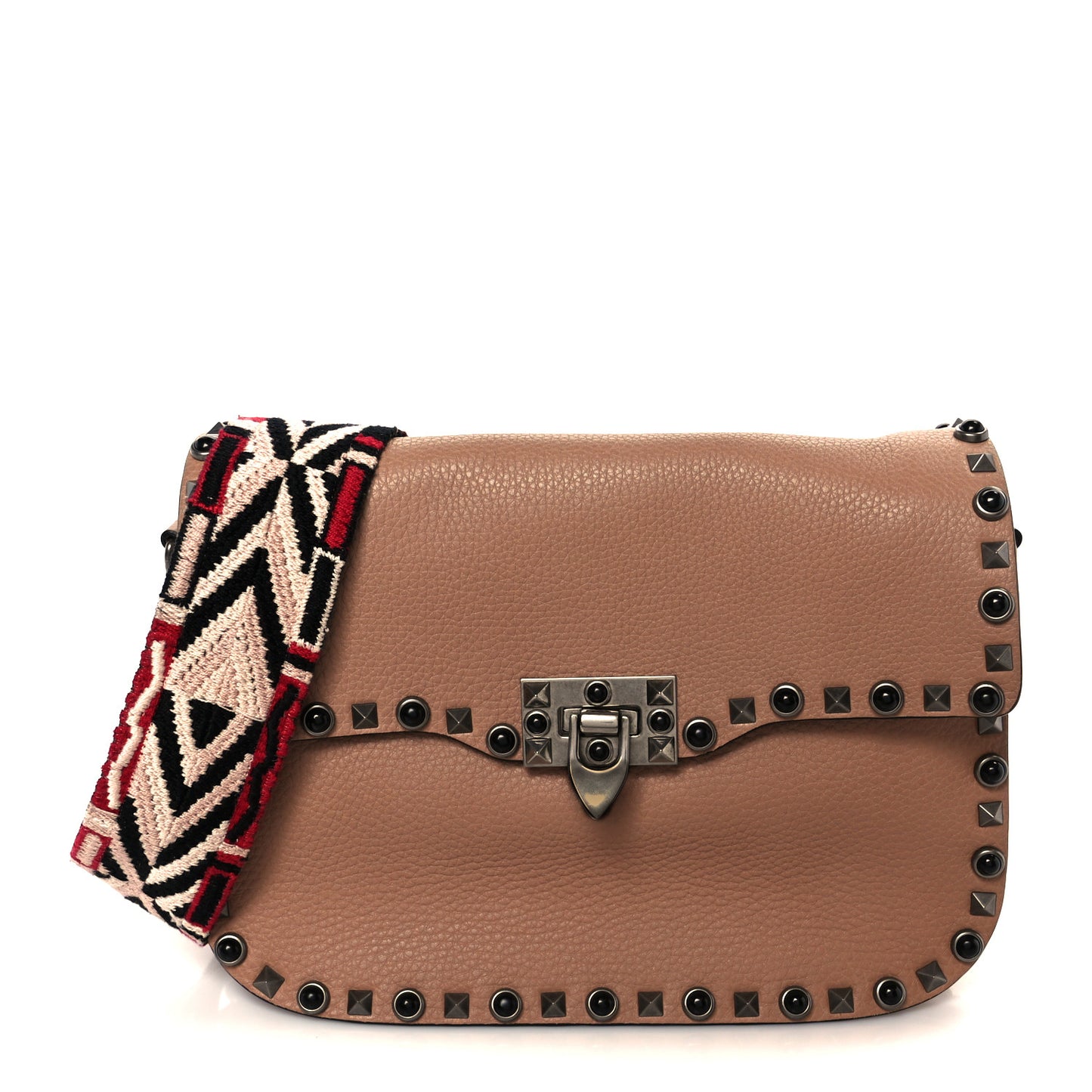 Grained Calfskin Onyx Medium Guitar Strap Rockstud Rolling Flap Saddle Bag Soft Noisette