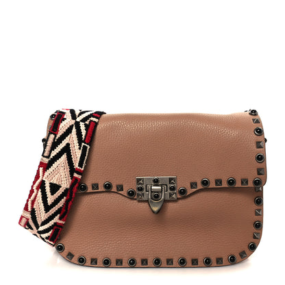Valentino Garavani Grained Calfskin Onyx Medium Guitar Strap Rockstud Rolling Flap Saddle Bag Soft Noisette 1 of 11