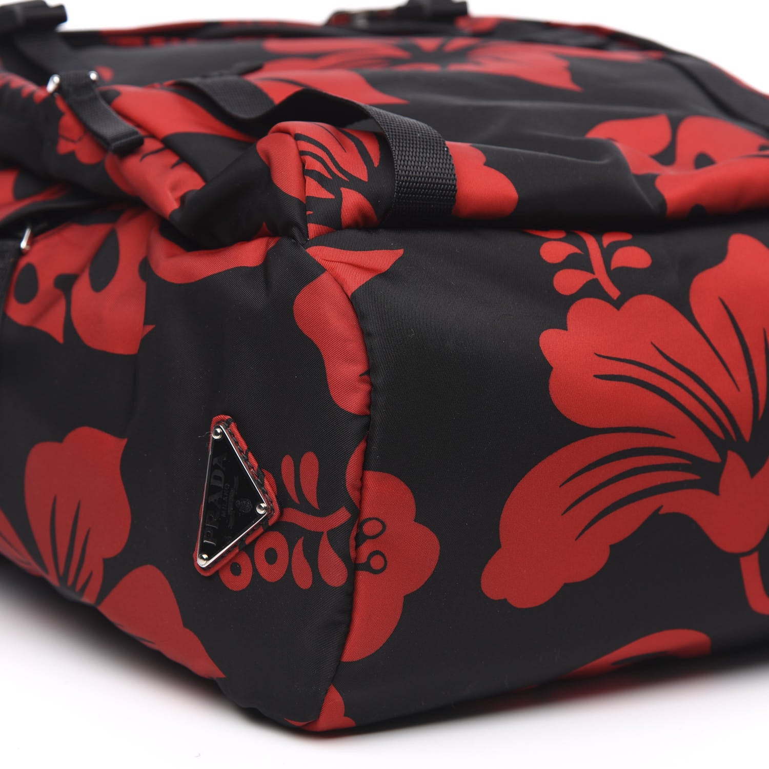 Prada Tessuto Hibiscus Print Double Buckle Backpack Black Rosso 6 of 7