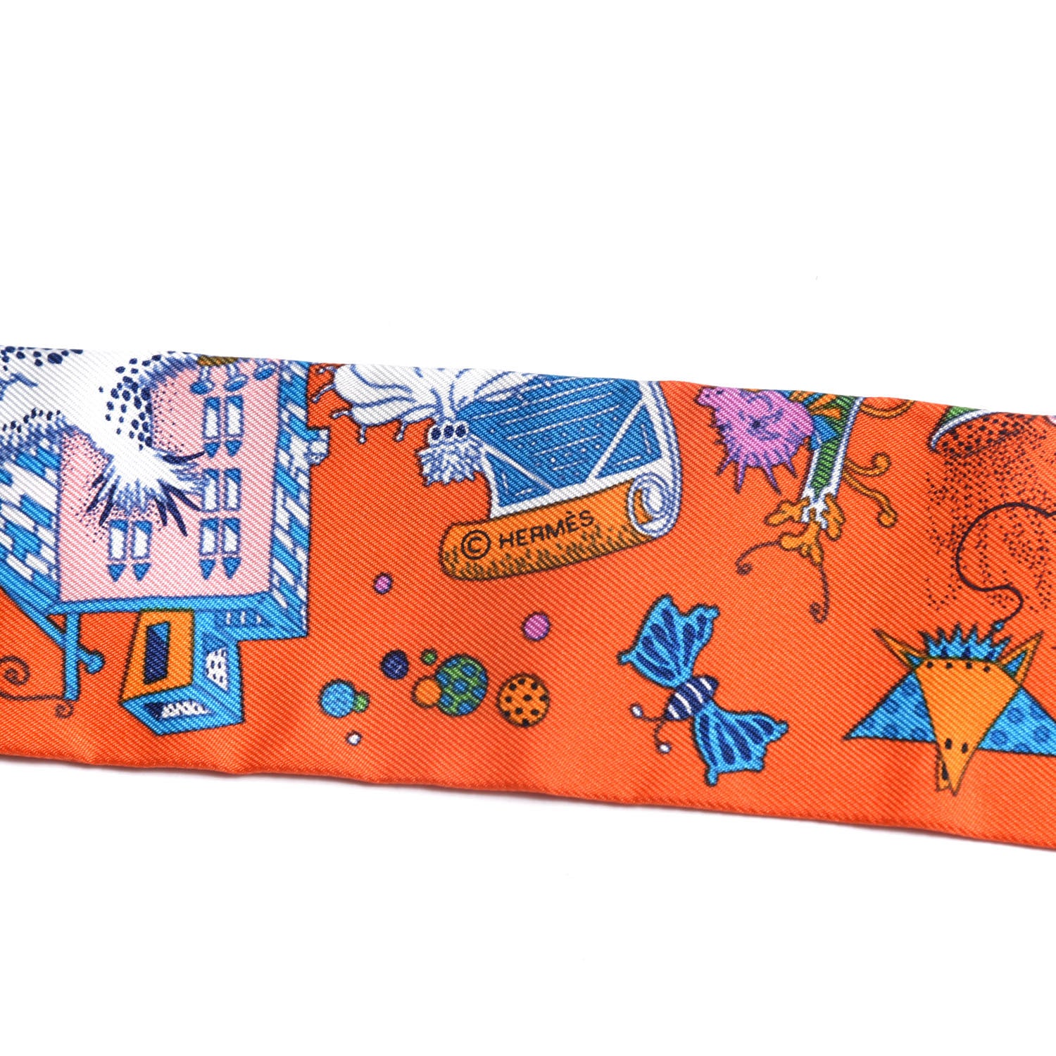 Hermes Silk La Folle Parade Twilly Orange Bleu White 3 of 6