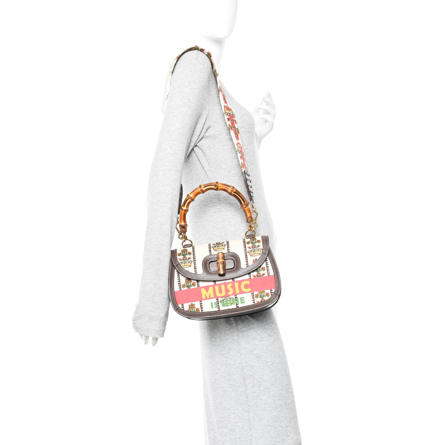 Gucci Canvas Calfskin 100 Centennial Music Medium Bamboo 1947 Top Handle Bag Multicolor 2 of 11