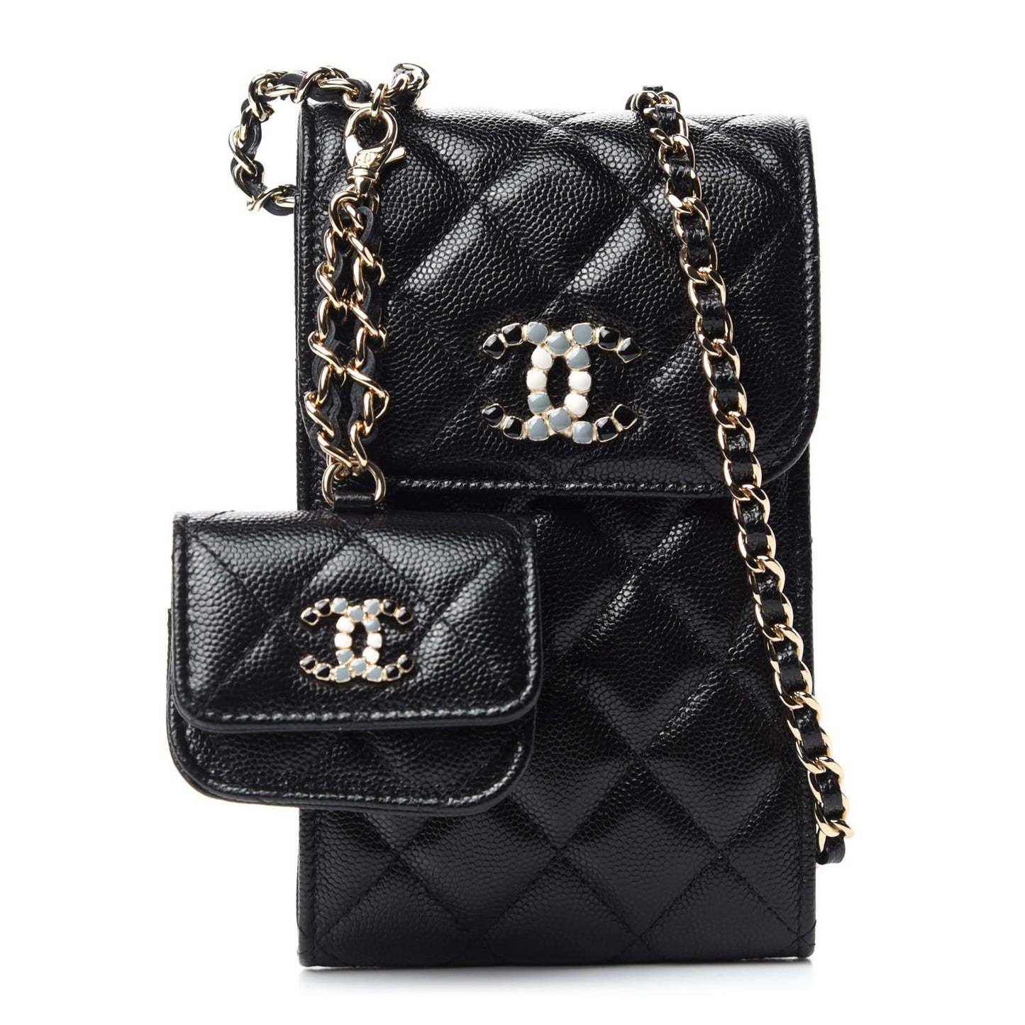 Caviar Quilted Crystal CC Airpods Pro and Phone Case With Chain Black