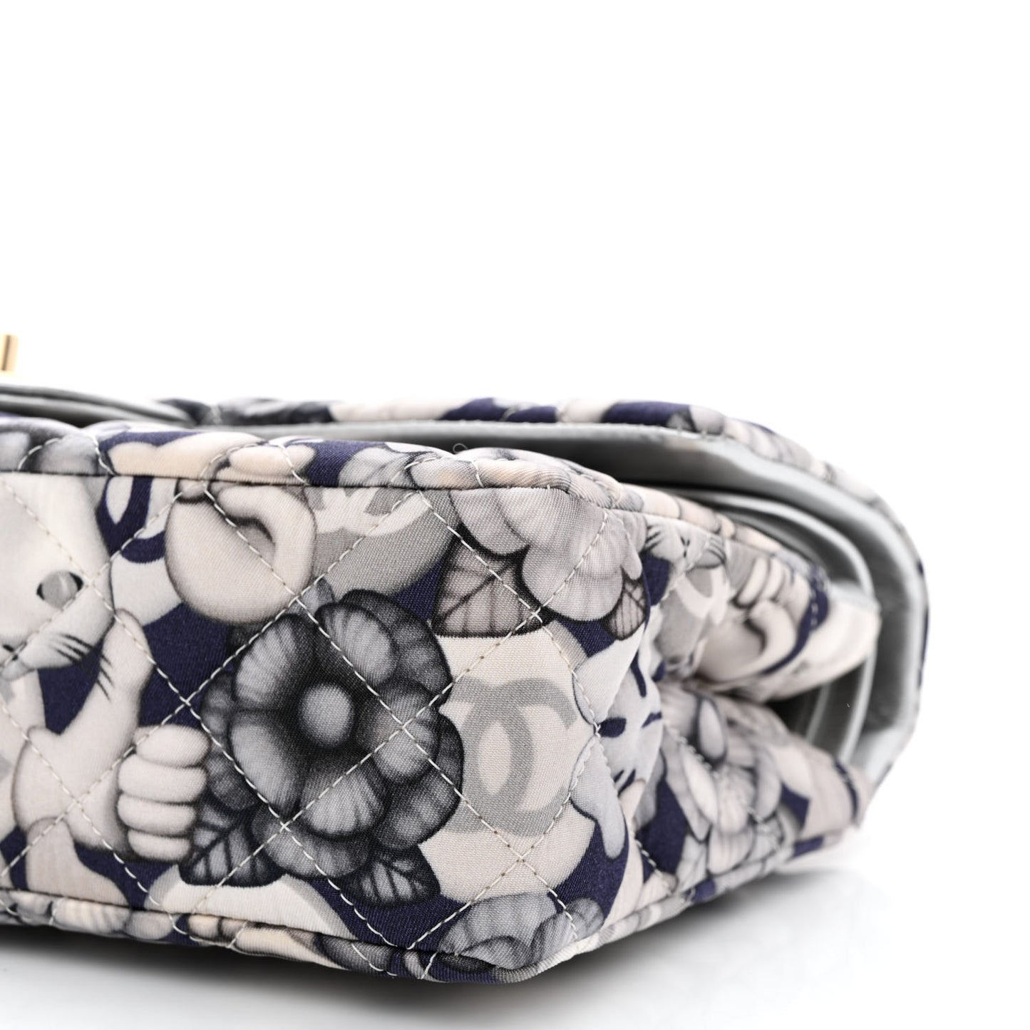 Nylon Quilted Medium Cat Emoticon Double Flap Navy Grey Ecru