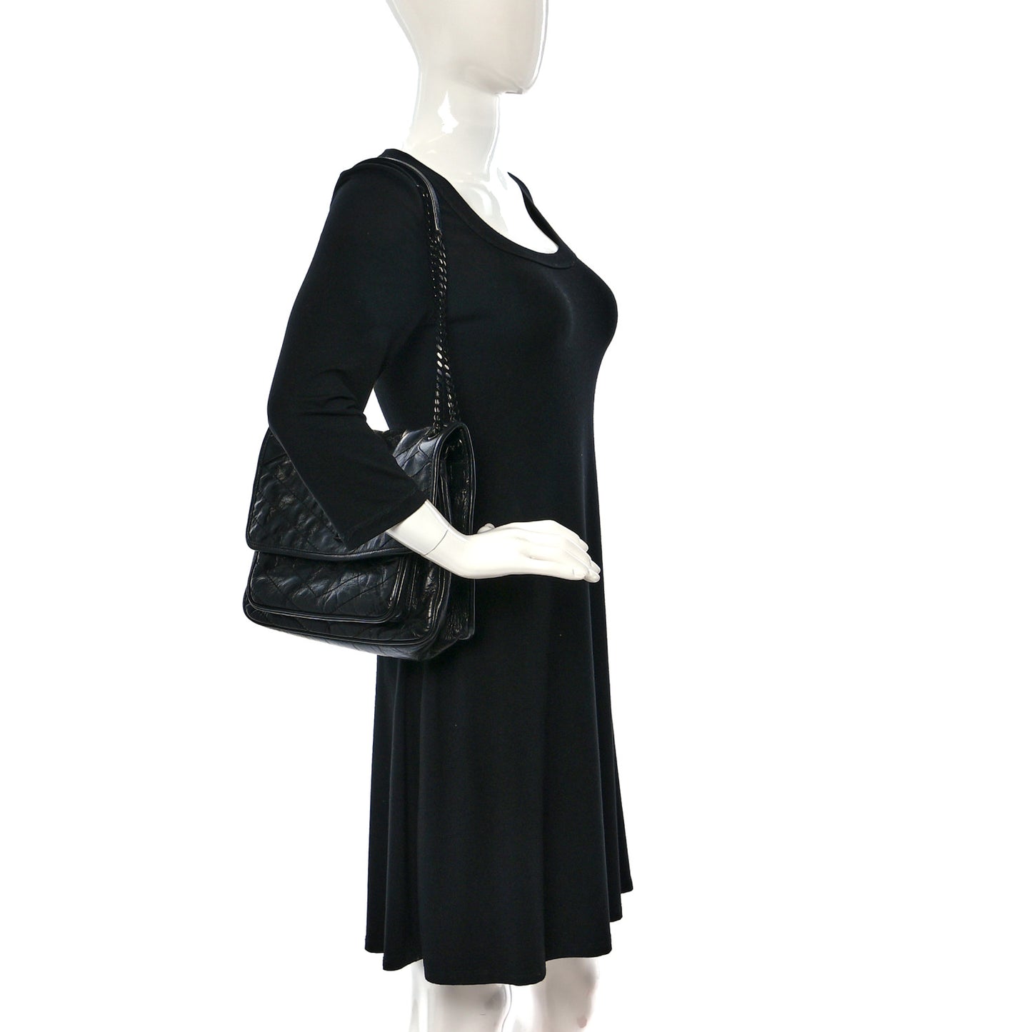Crinkled Calfskin Matelasse Monogram Medium Niki Chain Satchel Black