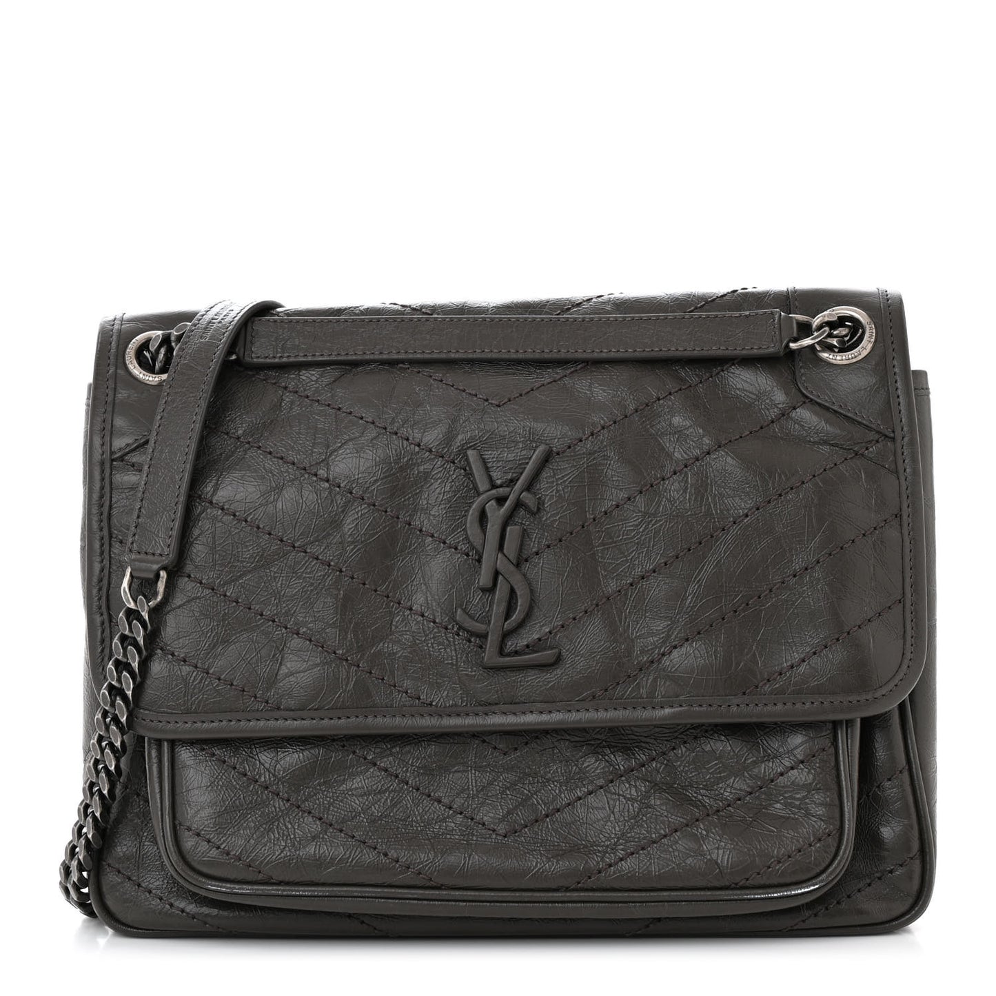 Crinkled Calfskin Matelasse Monogram Medium Niki Chain Satchel Pebble