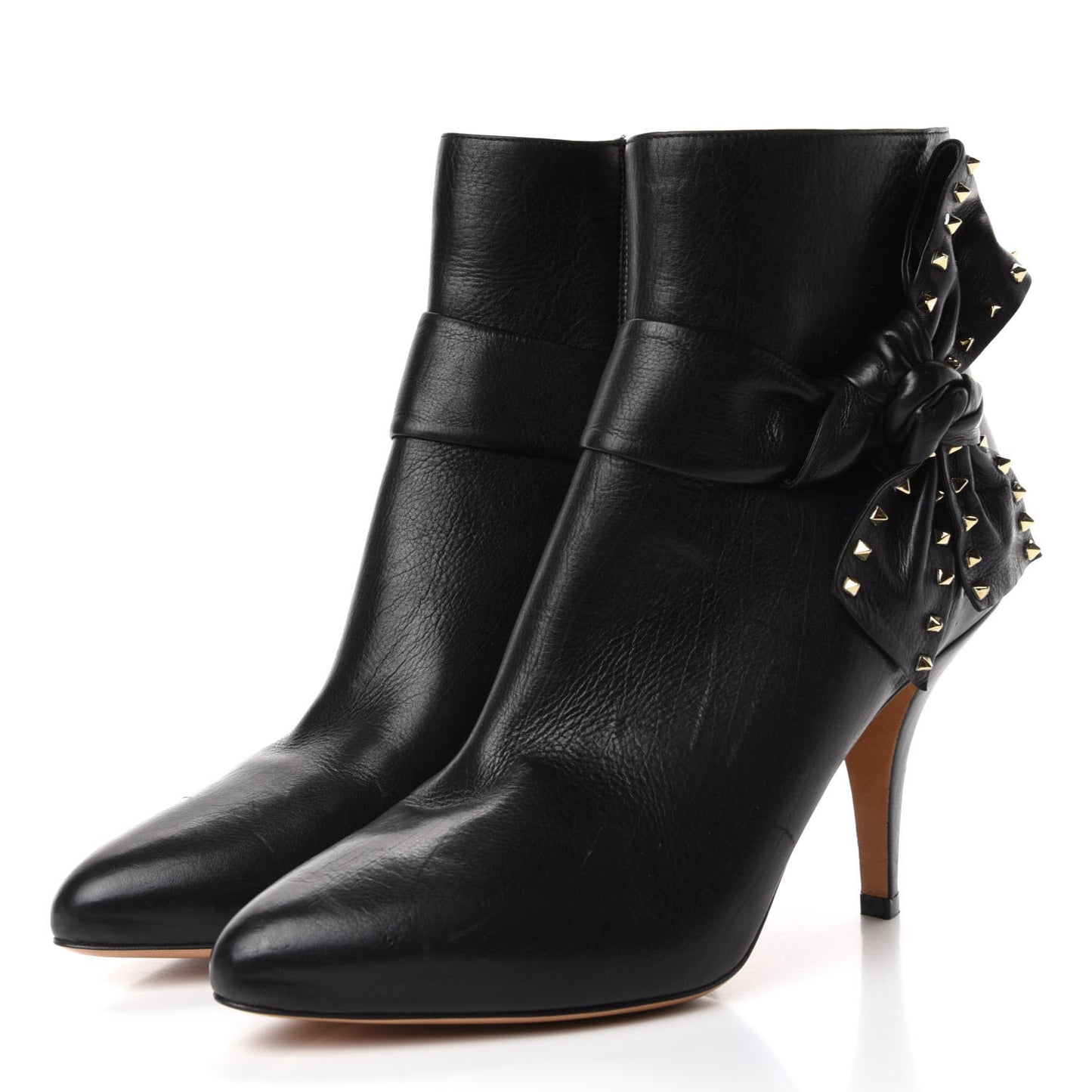 Calfskin Rockstud Bow Embellished Ankle Booties 37.5 Black