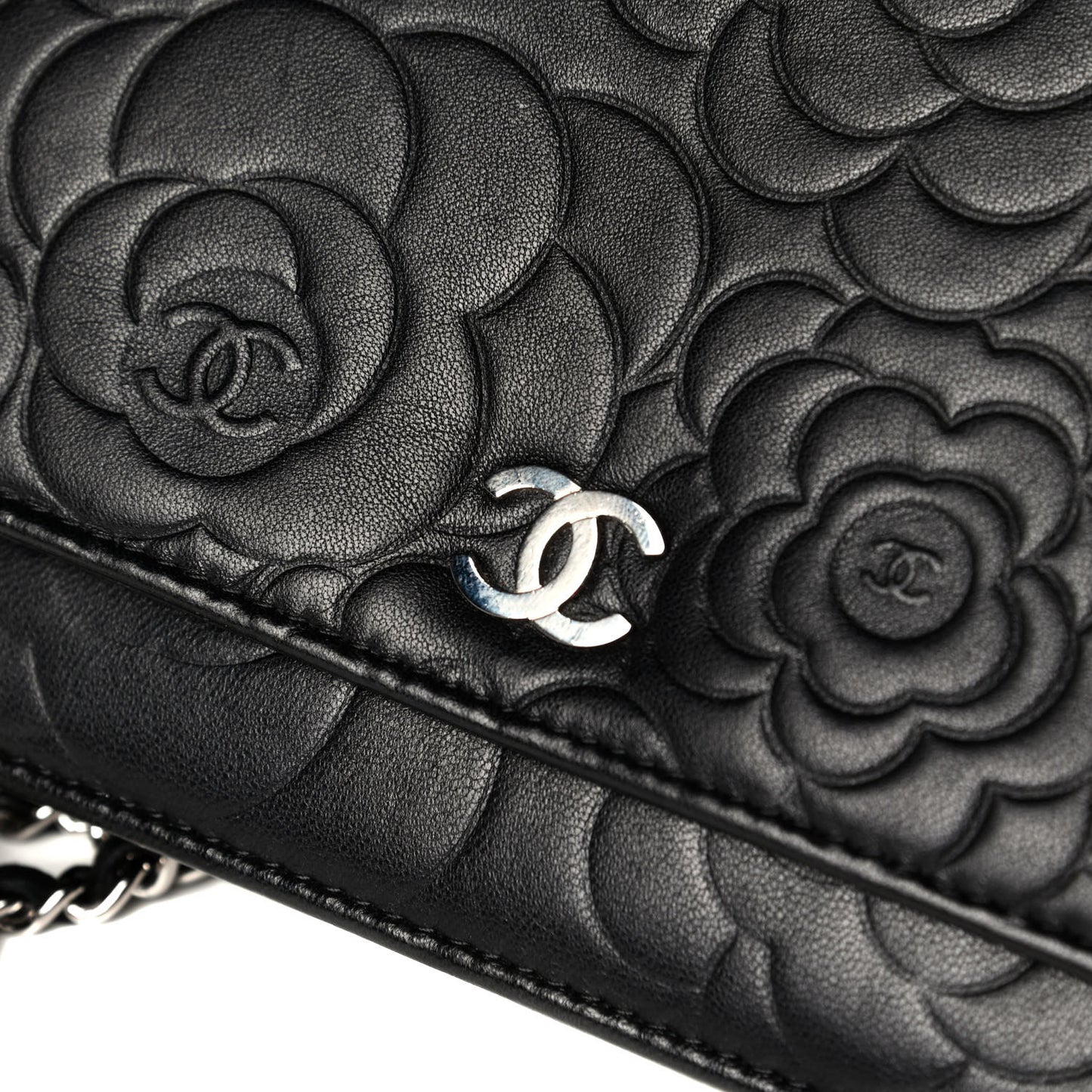 Lambskin Camellia Embossed Wallet on Chain WOC Black