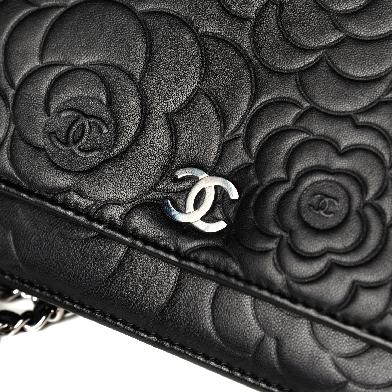 Chanel Lambskin Camellia Embossed Wallet on Chain WOC Black 6 of 7