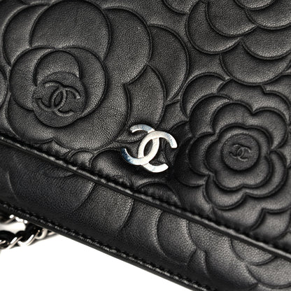 Chanel Lambskin Camellia Embossed Wallet on Chain WOC Black 6 of 7