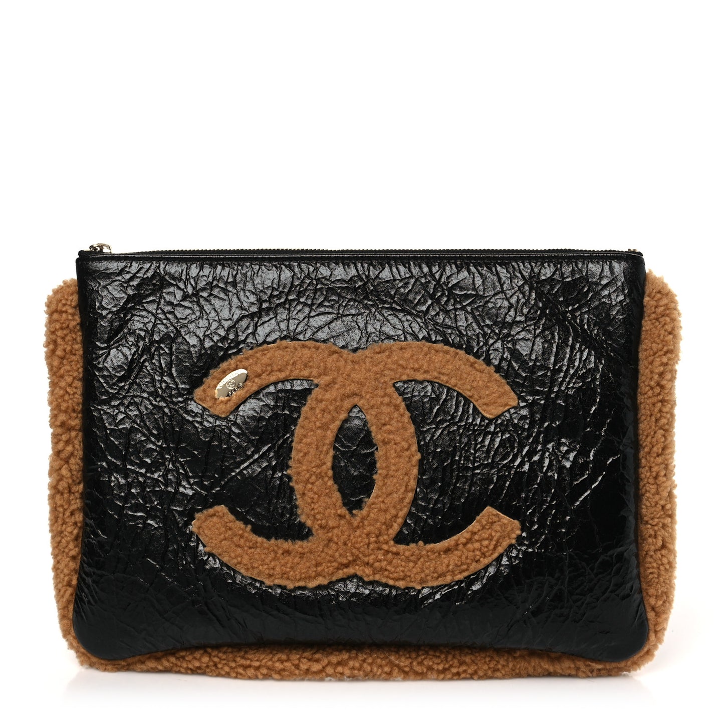 Shiny Crumpled Sheepskin Shearling CC Mania Zip Pouch Black Beige