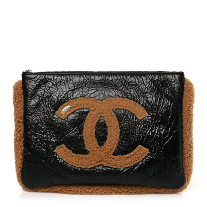Chanel Shiny Crumpled Sheepskin Shearling CC Mania Zip Pouch Black Beige 1 of 9