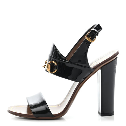 Gucci Patent Horsebit Ankle Strap Sandals 37.5 Black 1 of 8