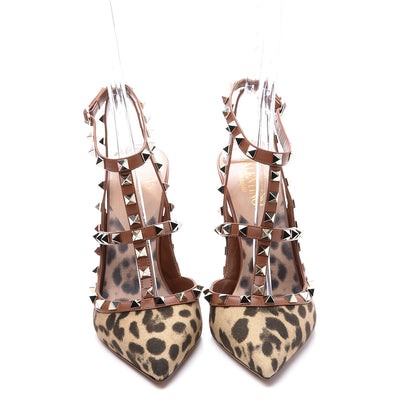Valentino Garavani Canvas Leopard Print Rockstud Ankle Strap 100mm Pumps 39 Brown 3 of 11