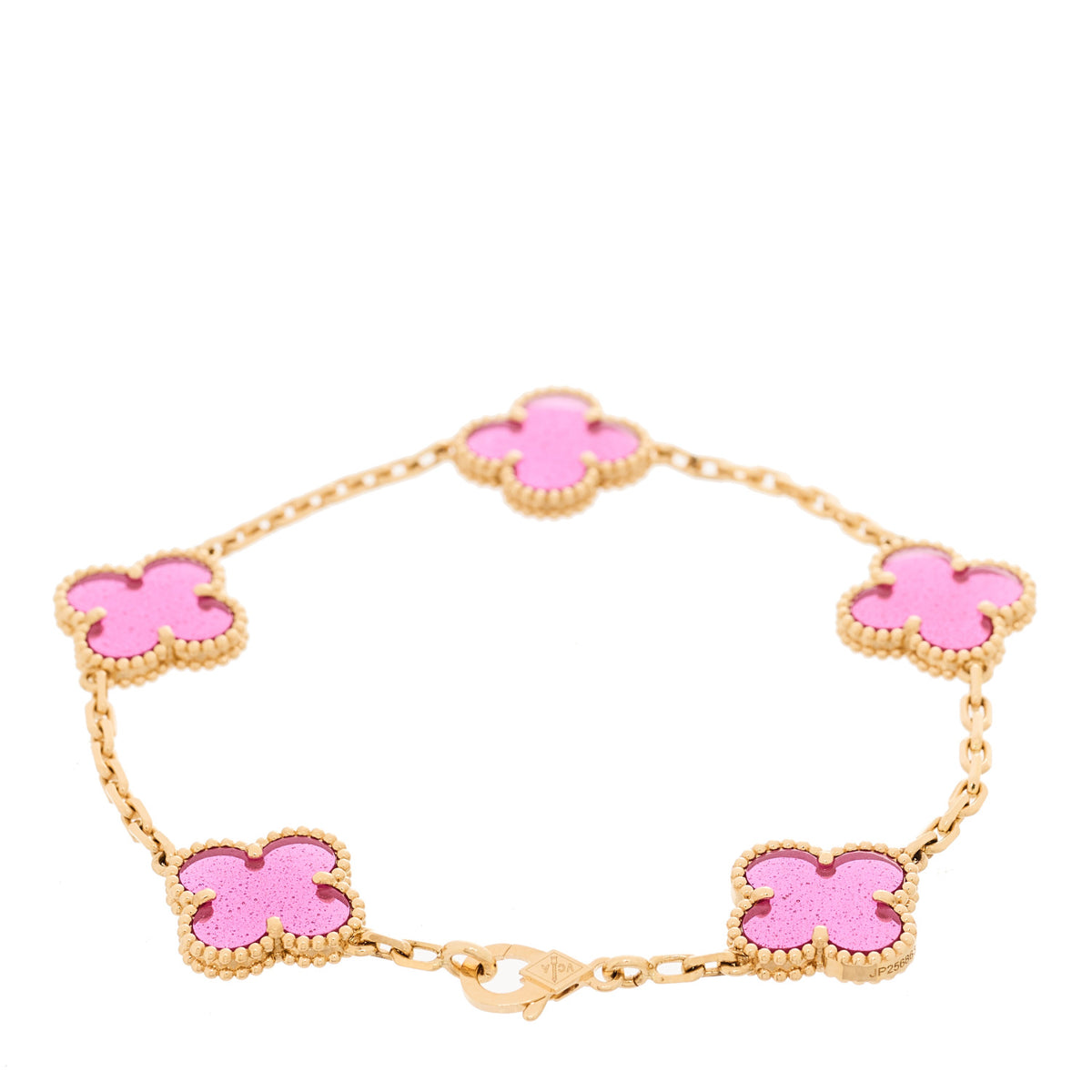 18K Yellow Gold Pink Enamel 5 Motifs Vintage Alhambra Bracelet
