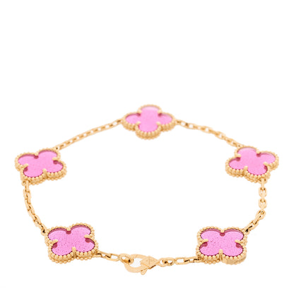Van Cleef & Arpels 18K Yellow Gold Pink Enamel 5 Motifs Vintage Alhambra Bracelet 2 of 6