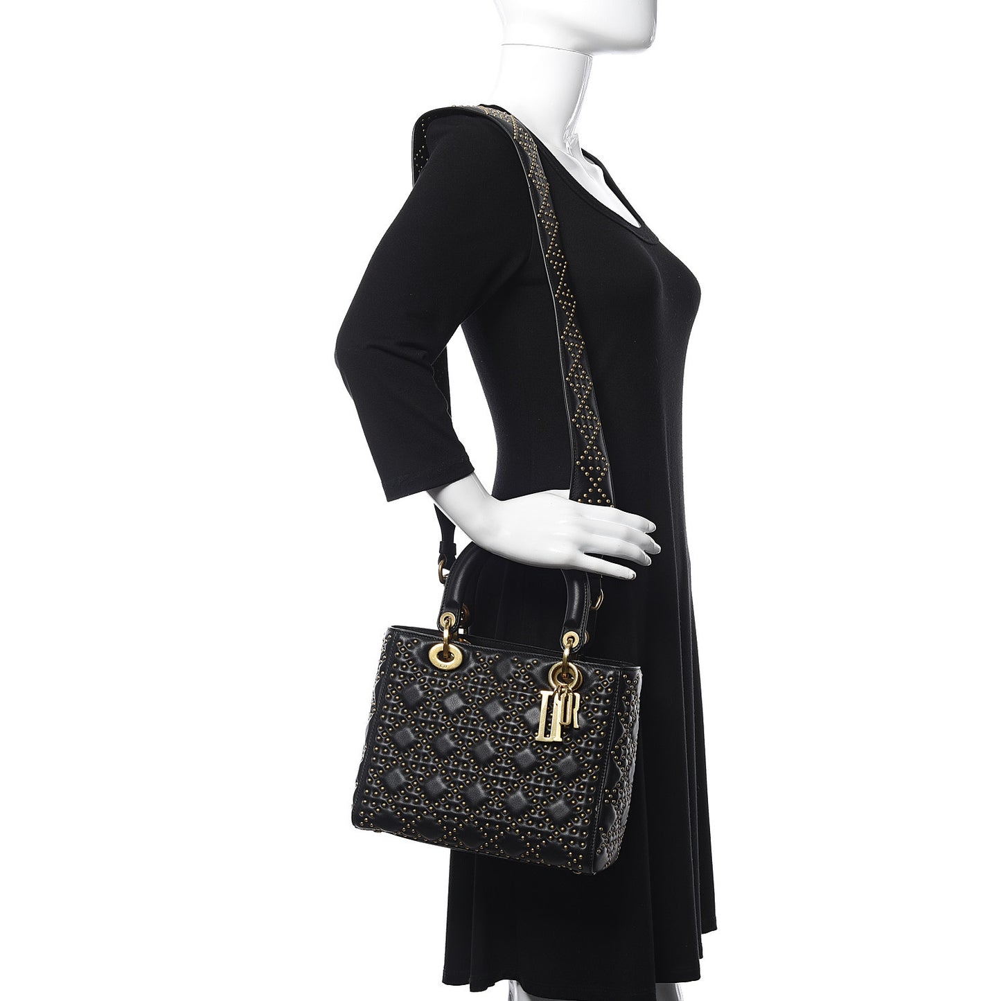 Calfskin Cannage Studded Medium Supple Lady Dior Black
