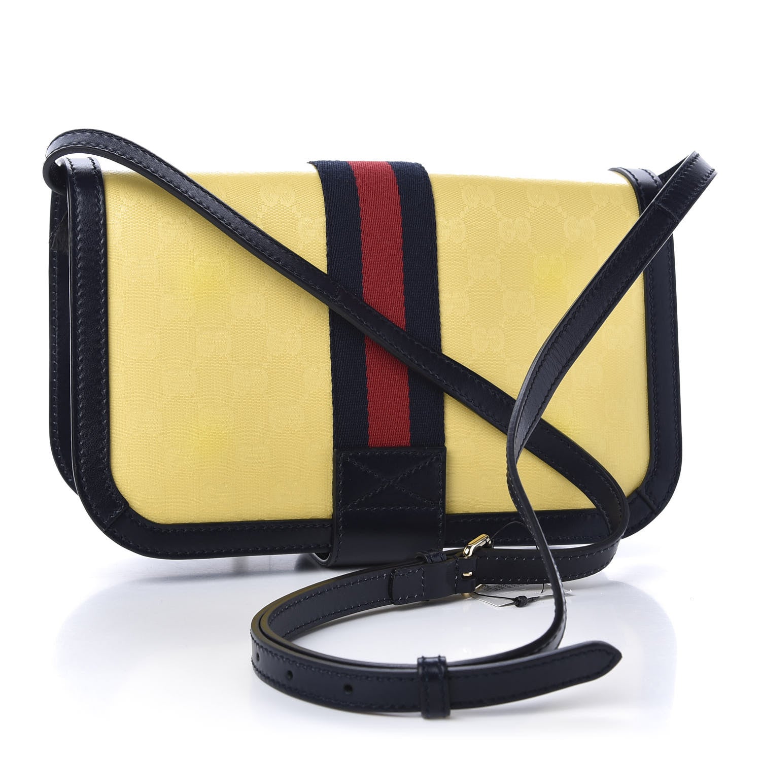 Gucci Crystal Monogram Plutone Calfskin Web Ophidia Flap Messenger Bag Straw Yellow Blue 3 of 15