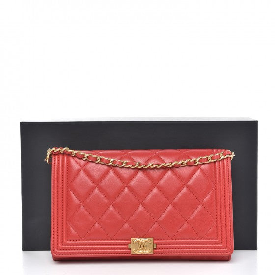 Lambskin Quilted Boy Wallet On Removable Chain WOC Red