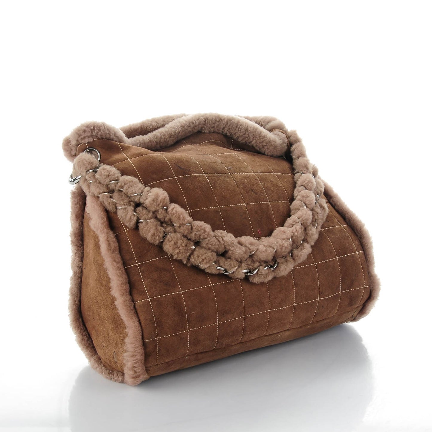 Shearling Suede Stiched CC Tote Dark Brown