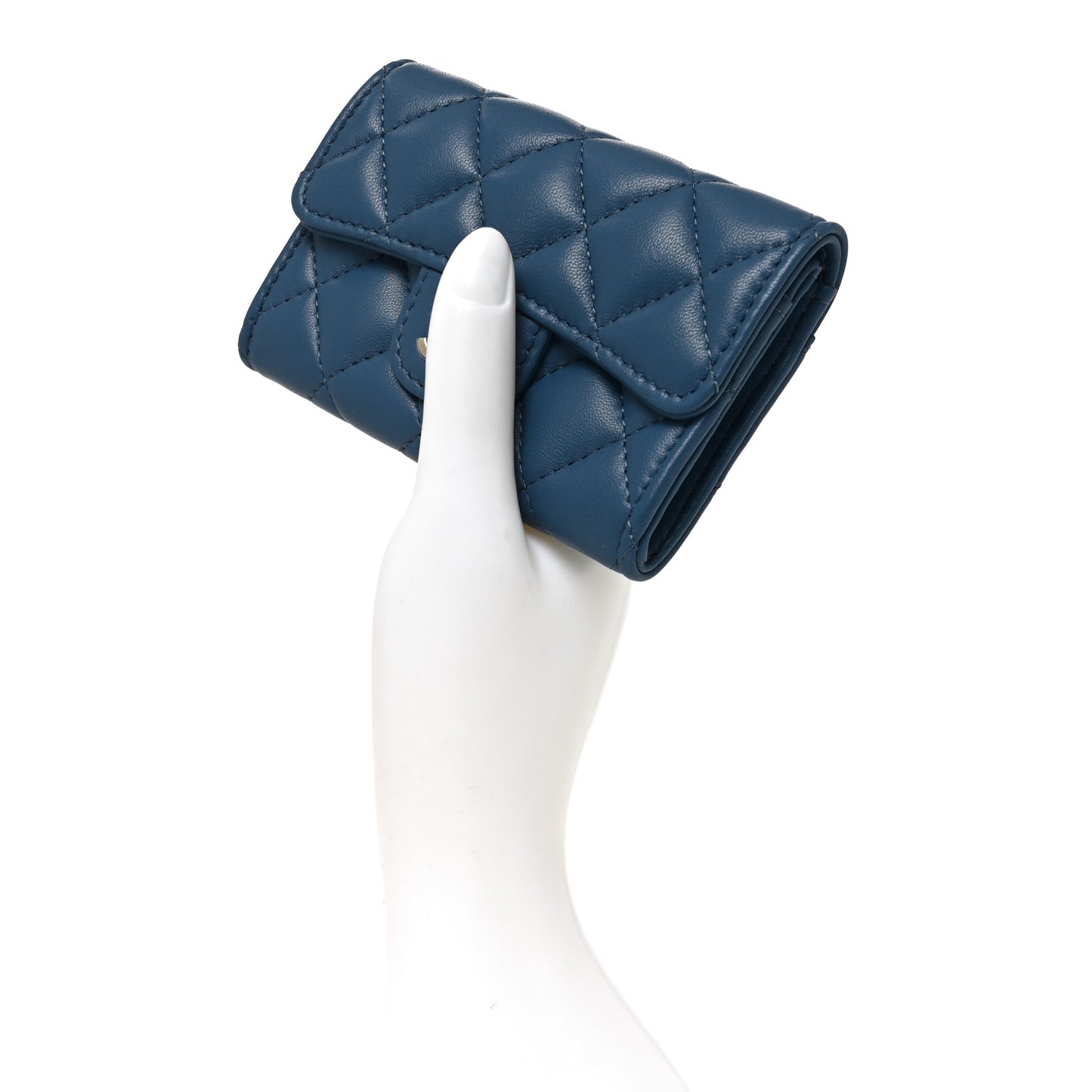 Lambskin Quilted Flap Card Holder Wallet Dark Blue