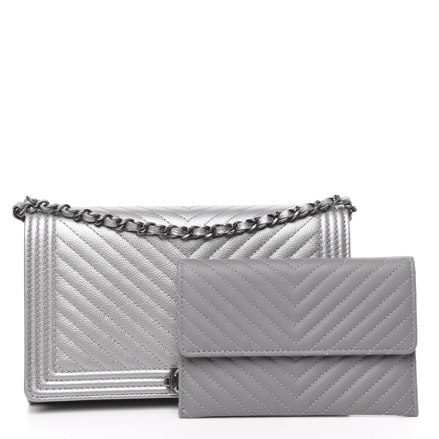 Metallic Caviar Chevron Quilted Boy Wallet On Removable Chain WOC Silver