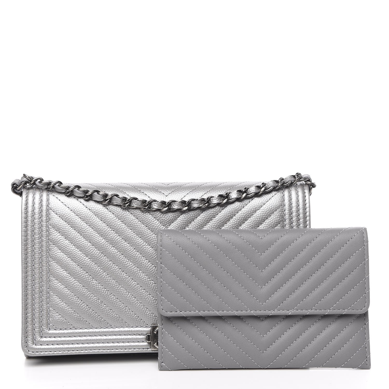 Chanel Metallic Caviar Chevron Quilted Boy Wallet On Removable Chain WOC Silver 13 of 14