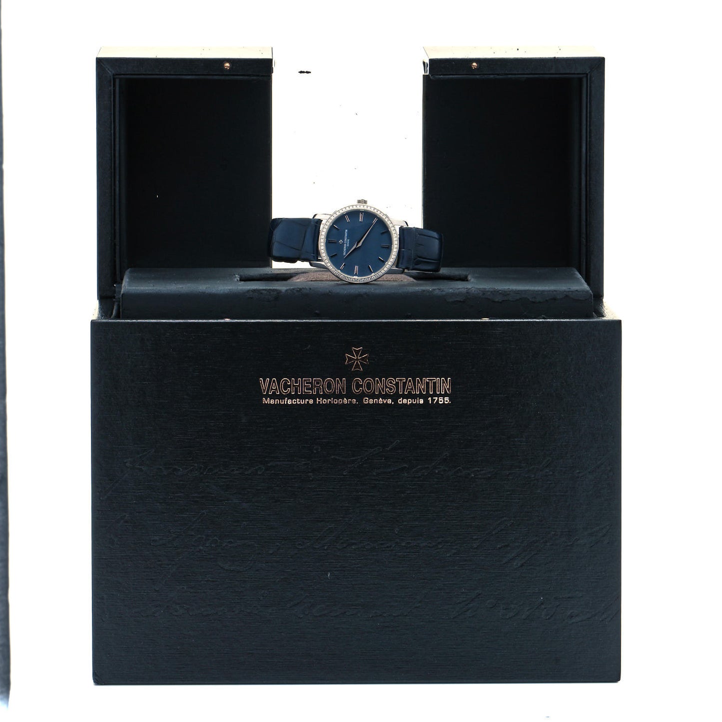 18K White Gold Alligator Diamond Bezel 30mm Patrimony Traditionnelle Quartz Watch Blue 25558
