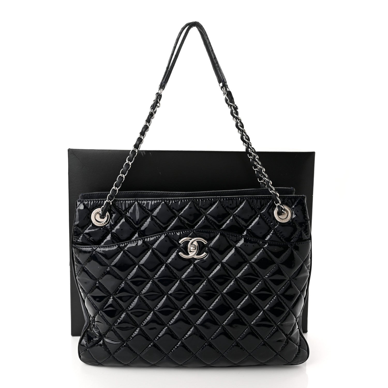 Chanel Patent Quilted Accordion Shopping Tote Navy 12 of 12