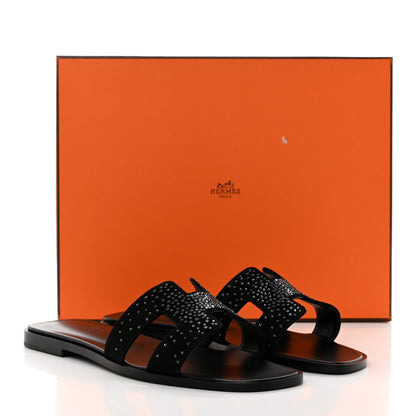 Hermes Suede Goatskin Studded Oran Sandals 37.5 Black 9 of 9