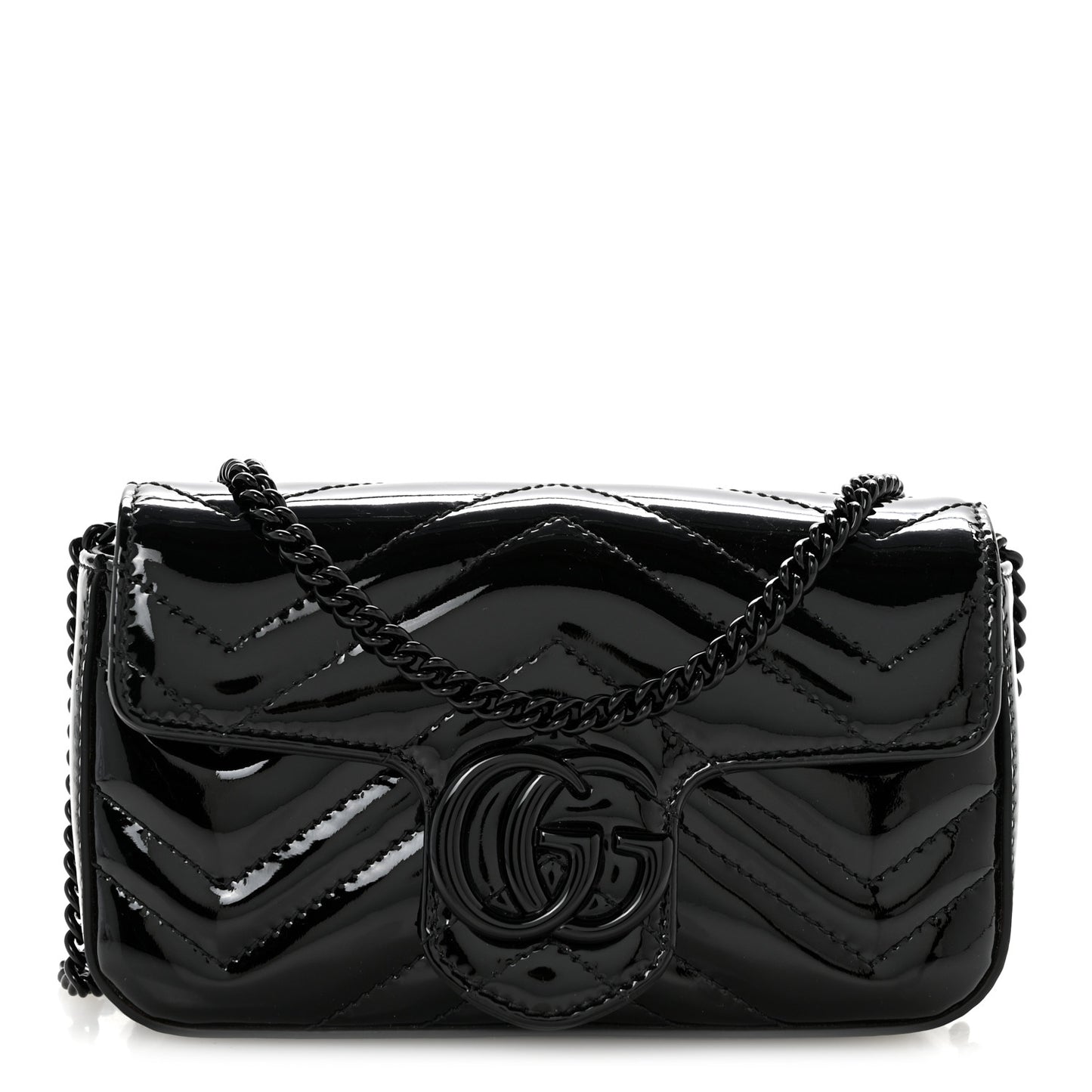 Patent Lambskin Enamel Matelasse Monochrome Super Mini GG Marmont Shoulder Bag Black