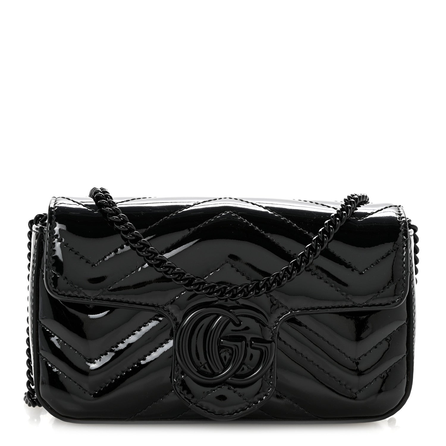 Gucci Patent Lambskin Enamel Matelasse Monochrome Super Mini GG Marmont Shoulder Bag Black 1 of 12