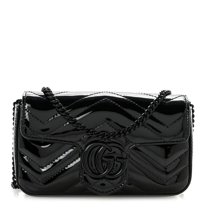 Gucci Patent Lambskin Enamel Matelasse Monochrome Super Mini GG Marmont Shoulder Bag Black 1 of 12