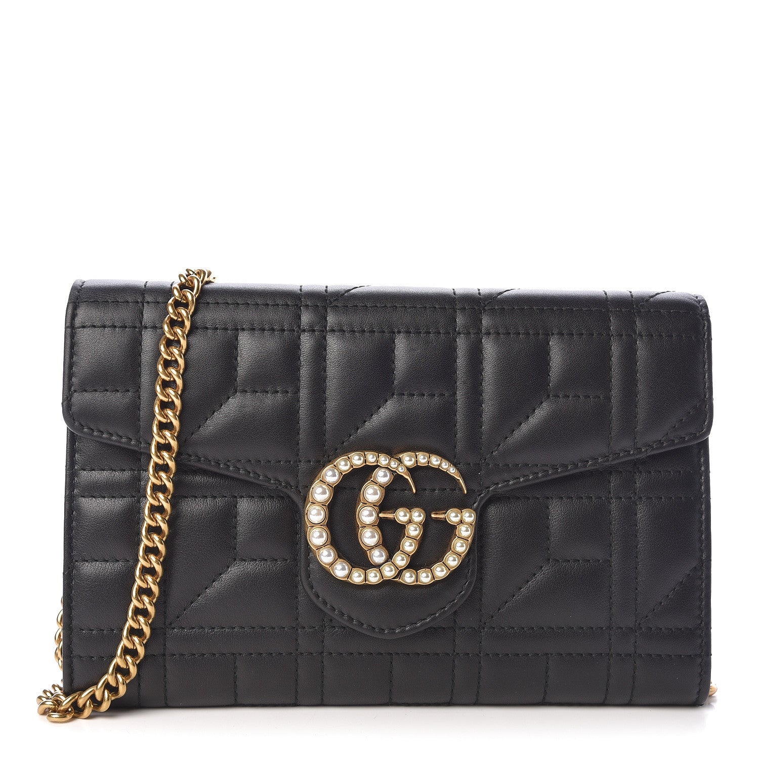 Gucci Calfskin Matelasse Mini Pearly GG Marmont Chain Wallet Black 1 of 10