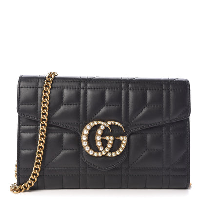 Gucci Calfskin Matelasse Mini Pearly GG Marmont Chain Wallet Black 1 of 10
