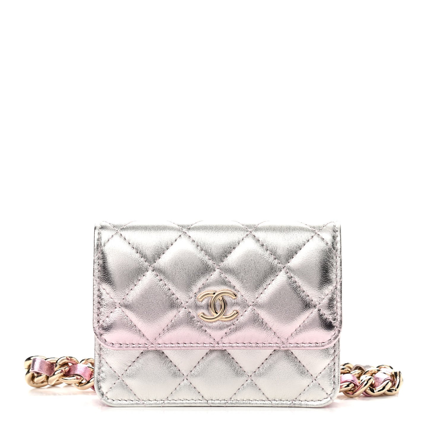 Gradient Metallic Lambskin Quilted Flap Chain Belt Bag Gold Pink