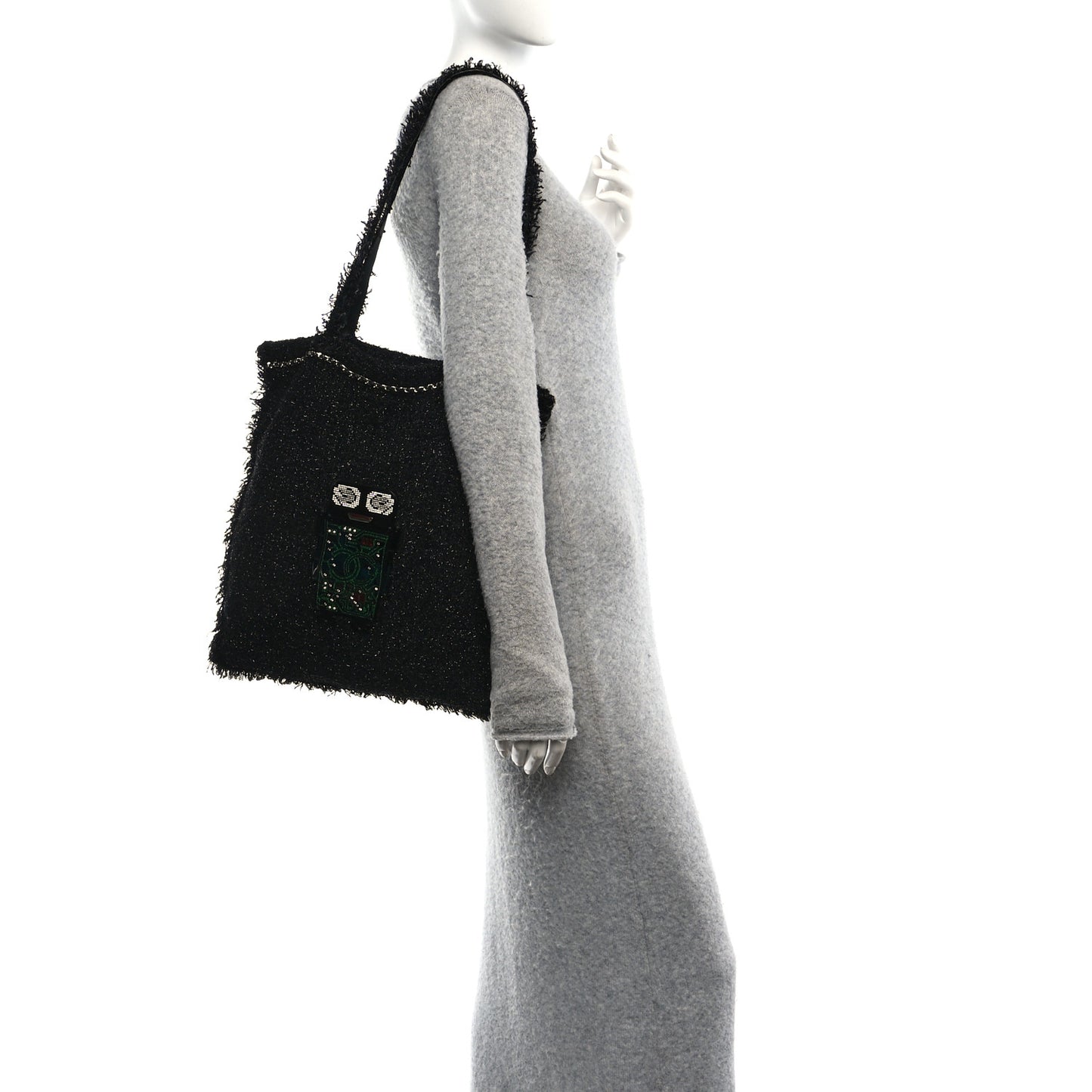 Tweed Resin Strass Large Robot Shopping Bag Black