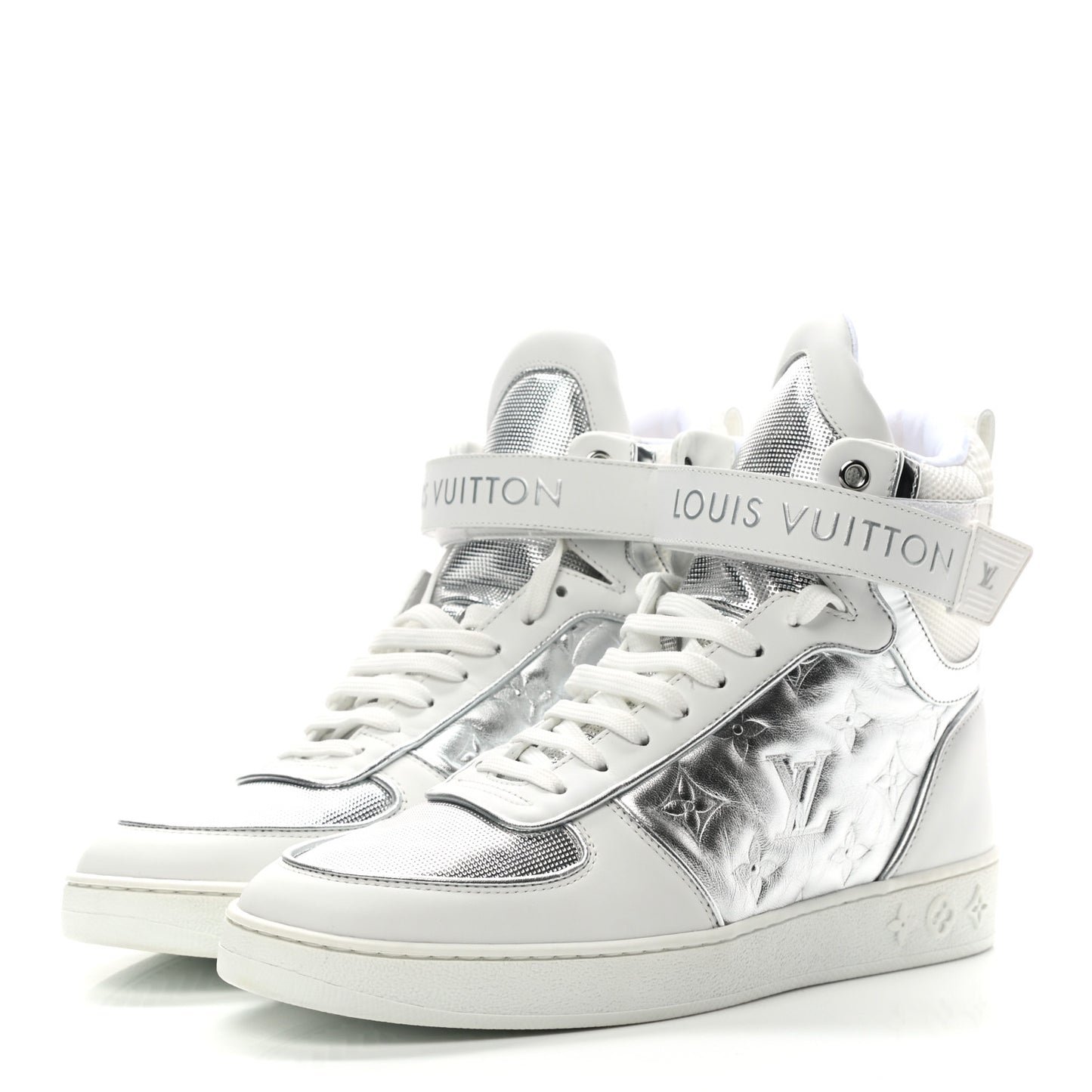 Metallic Calfskin Embossed Monogram Boombox Sneakers 39 White Silver