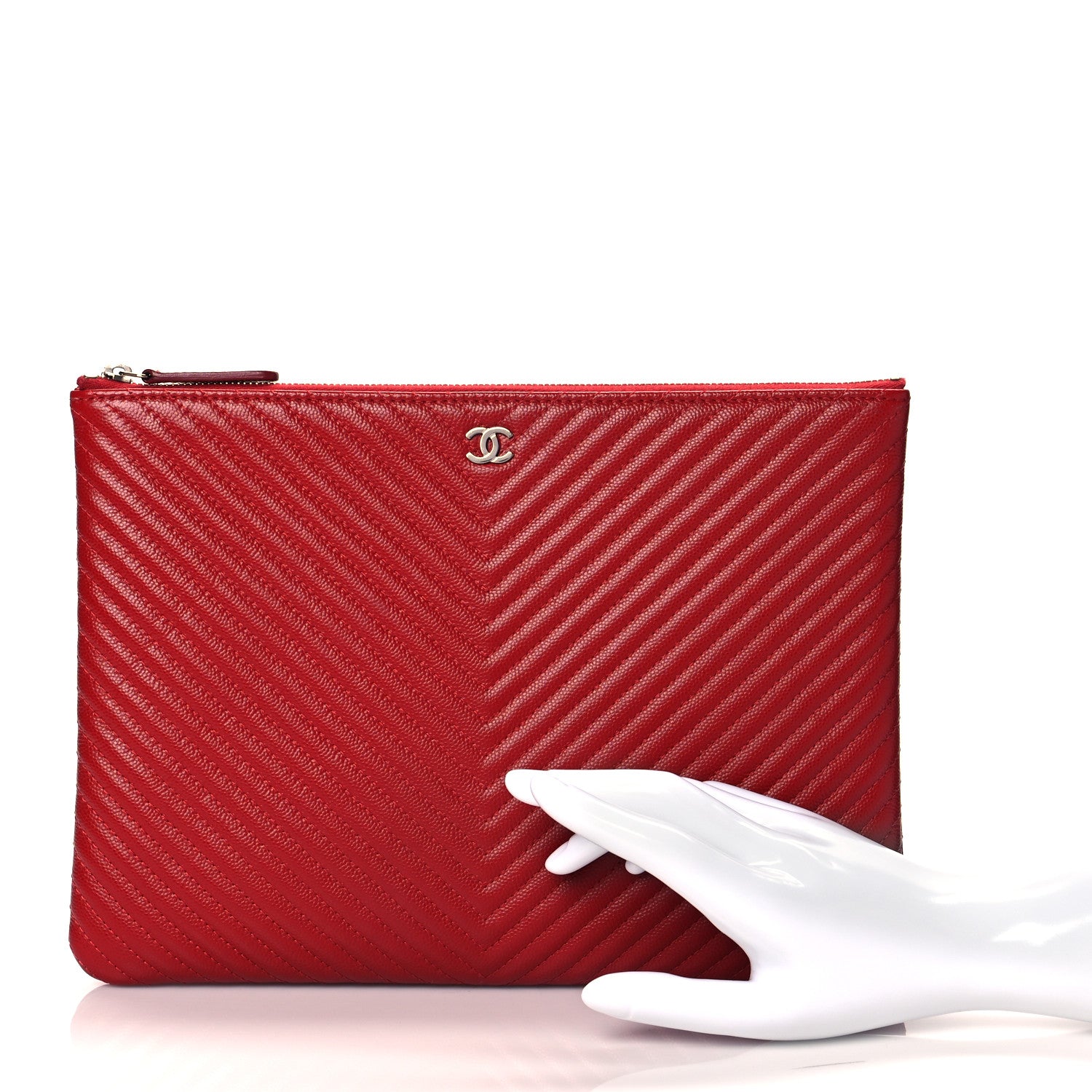 Chanel Caviar Chevron Quilted Medium Cosmetic Case Red 2 of 11