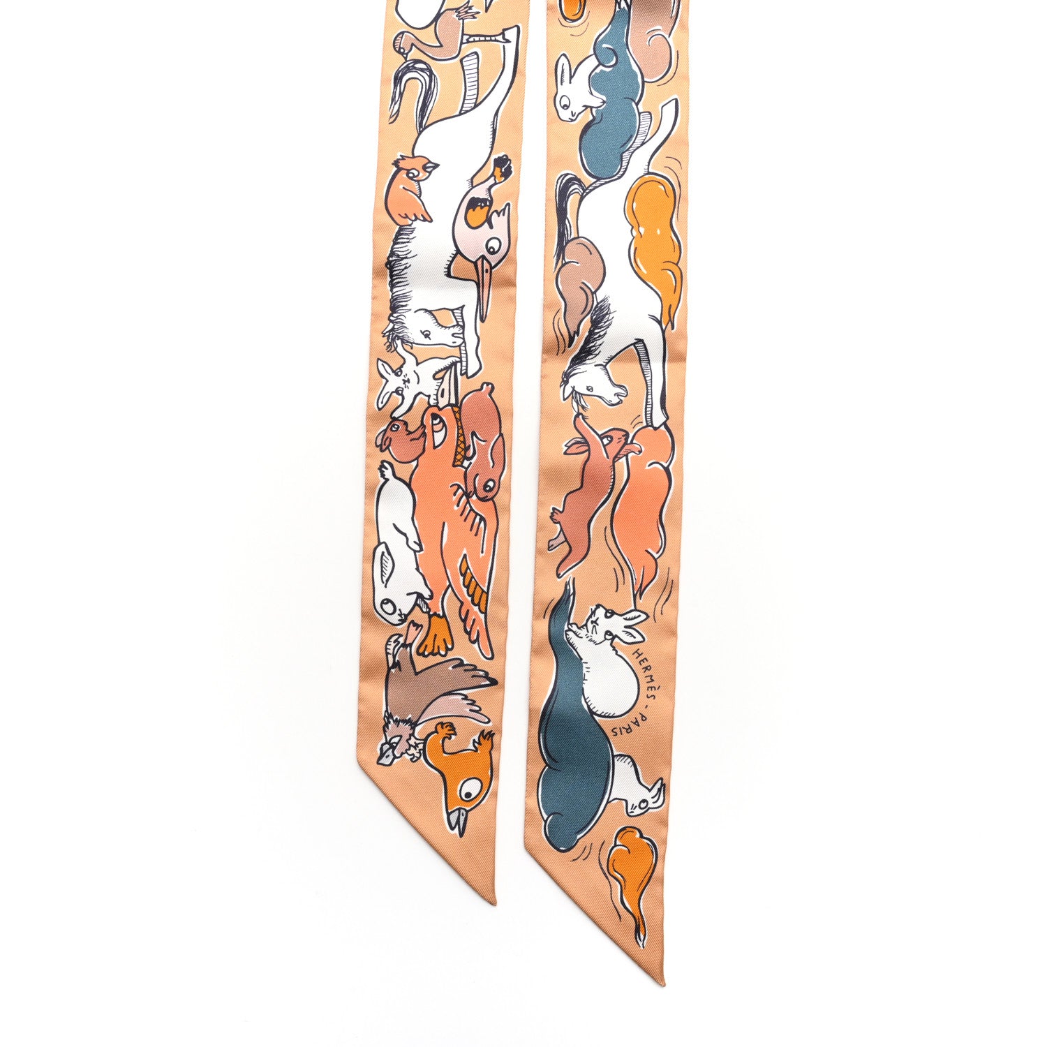 Hermes Silk Mille Et Un Lapins Twilly Beige Dore Abricot White 2 of 3
