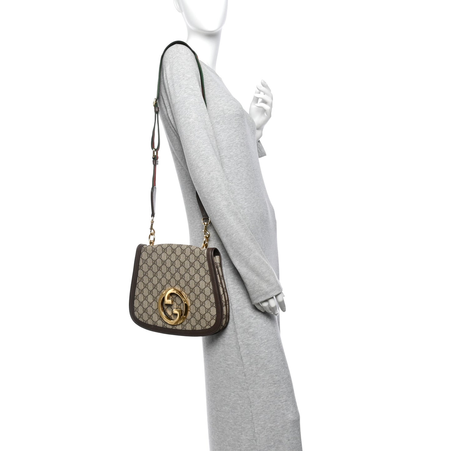 GG Supreme Monogram Textured Dollar Calfskin Web Medium Blondie Shoulder Flap Bag Beige Ebony New Acero