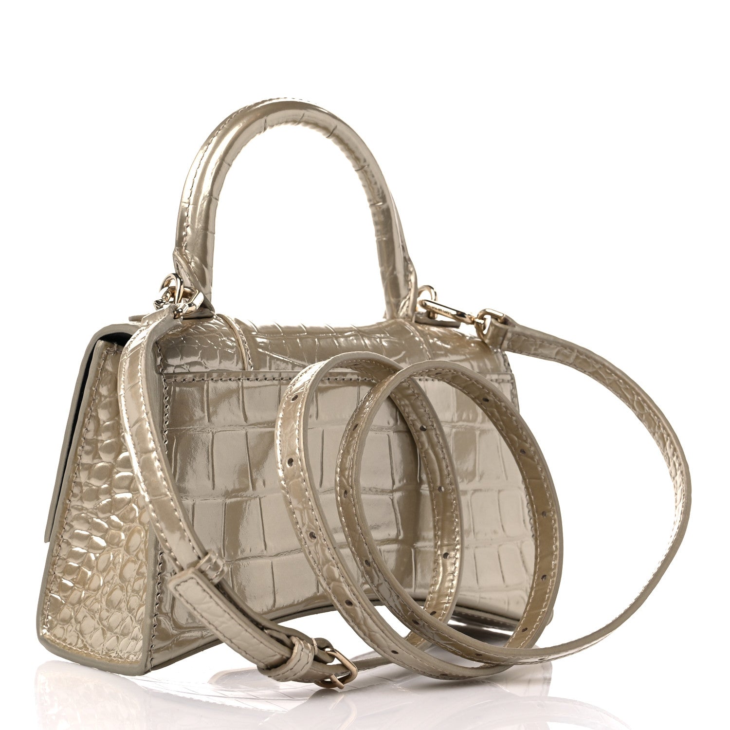Balenciaga Metallic Shiny Calfskin Crocodile Embossed Hourglass Top Handle Bag XS Gold 3 of 9